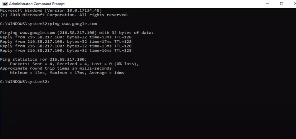 Computer performing a ping test captured in a screenshot