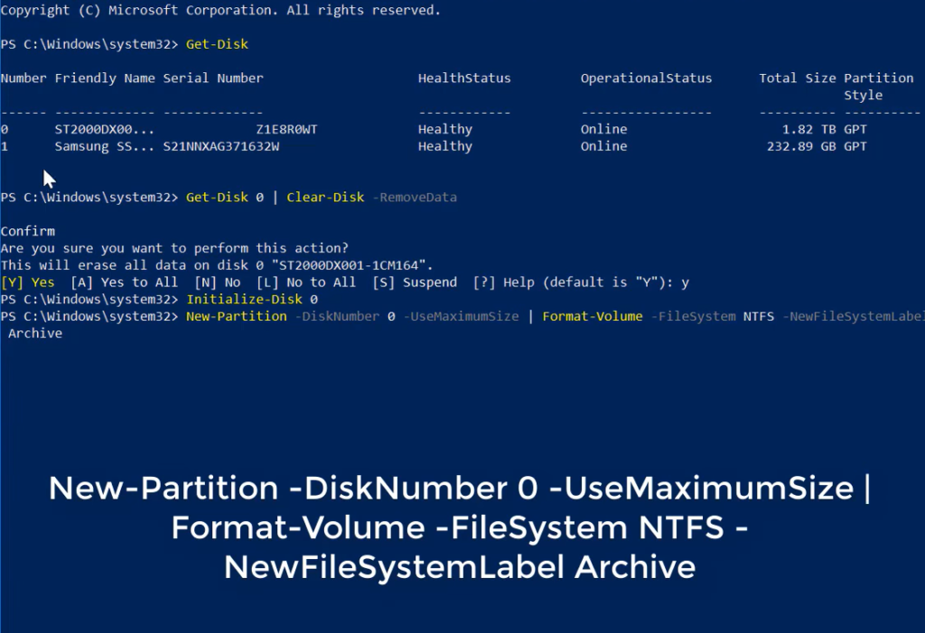 new partition in Windows Powershell - code