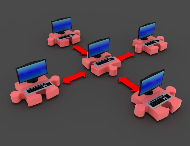 Computers atop jigsaw puzzle pieces, connected by arrows