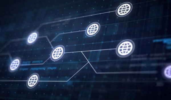 An icon showing network connections linked by techy lines