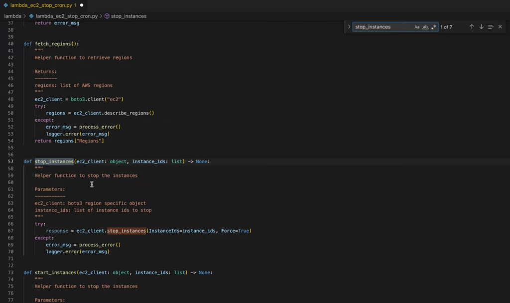 stop instances in Lambada ec2 - coding on a black background